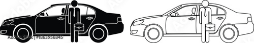 Professional businessman with briefcase standing by sedan car, set of black silhouette and thin line art vector icons isolated on white background, SEO.