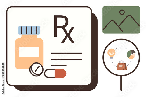 Healthcare, pharmaceutical industry, e-commerce, digital analytics, data tracking, online shopping. Medical prescription pills and bottle with icons for analytics and shopping. Healthcare