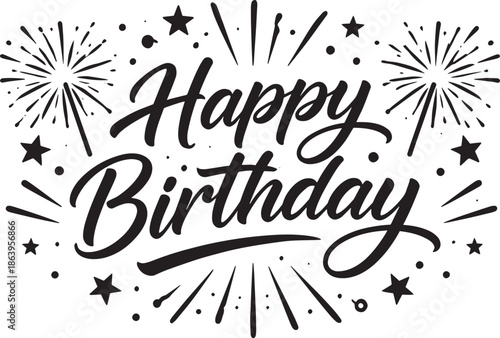 Happy Birthday Modern Brush Script Typography with Starburst Black Vector