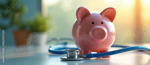 Pink piggy bank with stethoscope implies financial wellness check. Saving money for medical needs or future planning. Home or office table setup.
