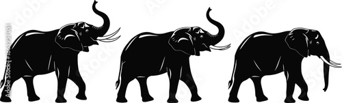 Elephant silhouettes walking in line showing wildlife strength nature animal illustration isolated on white background vector design concept art set