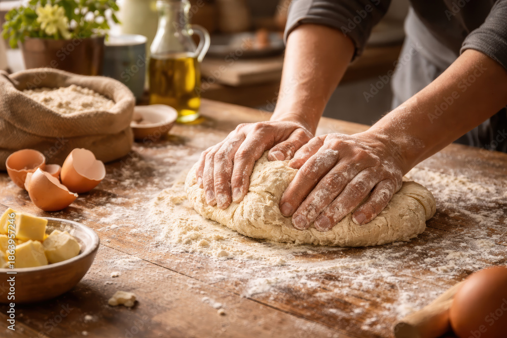 Obraz premium Dough hand knead flour butter egg Hands knead rustic dough on a floured wooden table creating warm homemade bread with comforting aroma and focused craftsmanship
