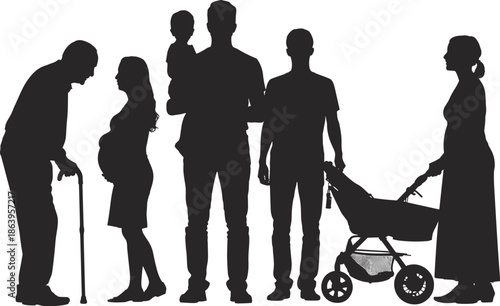 Family generations silhouettes showing grandparents parents children and baby stroller lifecycle parenting concept vector illustration isolated white background