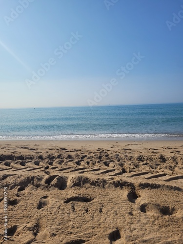 Serene deserted beach, empty sandy shore, calm waves, tranquil tropical landscape, peaceful ocean scene, relaxing summer getaway.