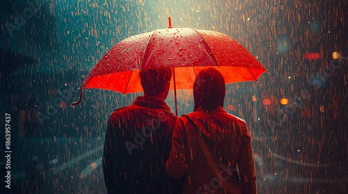  Romantic Pair Under Red Umbrella in Spring Rain
