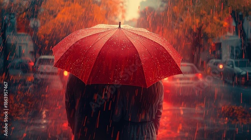  Romantic Pair Under Red Umbrella in Spring Rain

