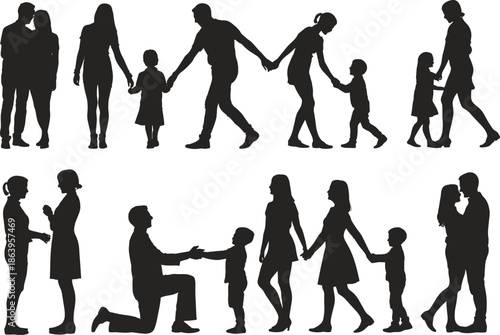 Family silhouette collection showing parents children walking holding hands love relationships generations parenting together isolated black vector