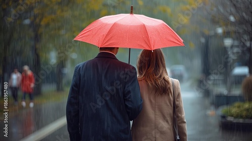  Romantic Pair Under Red Umbrella in Spring Rain
