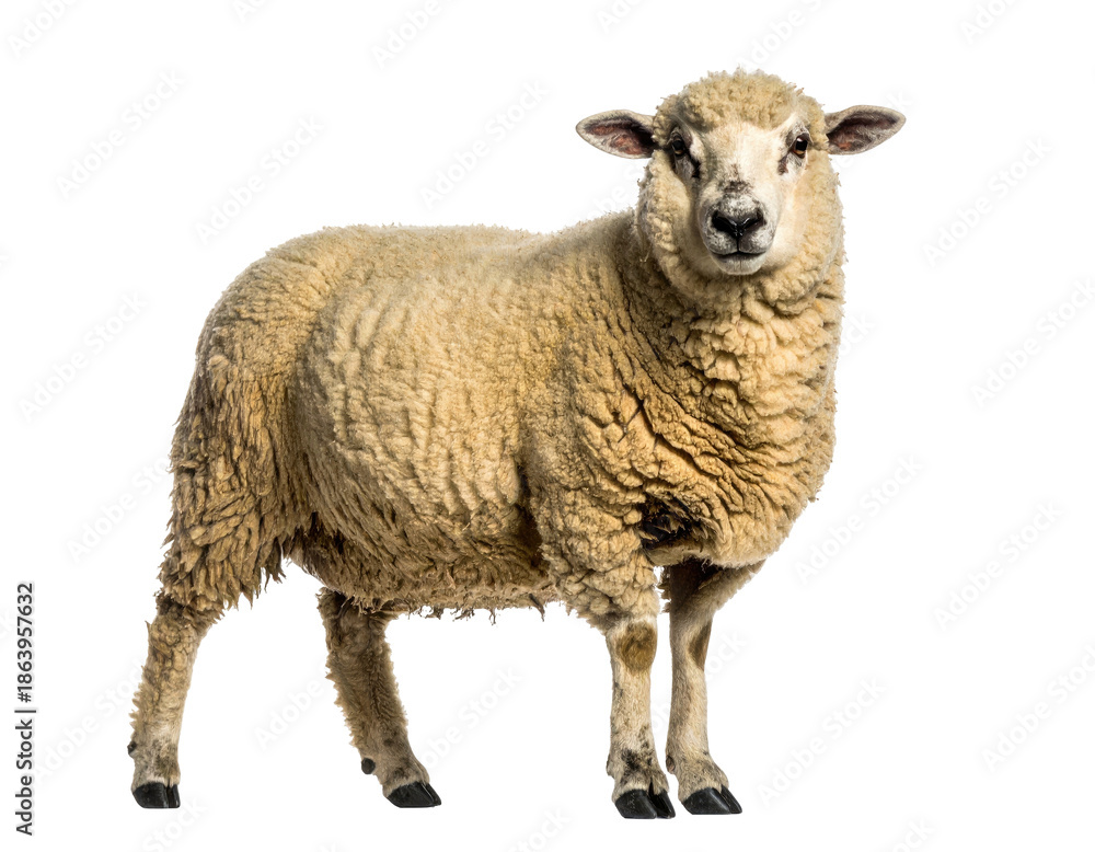 Obraz premium A fluffy, beige sheep standing with a focused gaze and a cut-out background