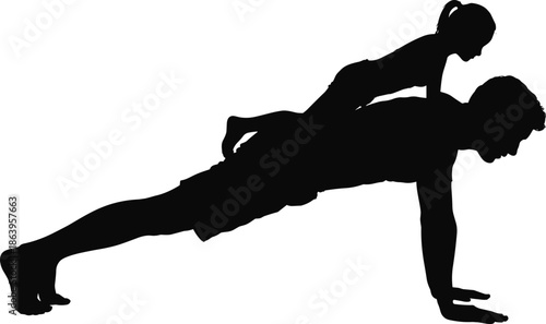 Father and child fitness silhouette doing push up together showing family workout bonding exercise vector illustration isolated white background