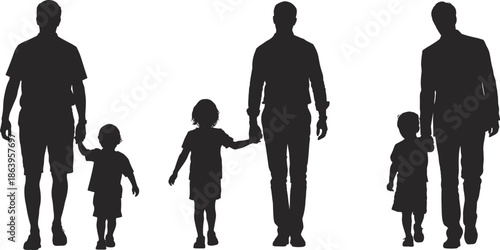 Father and child silhouettes walking together, parenting family bond concept, fatherhood love, single dad lifestyle illustration isolated white background