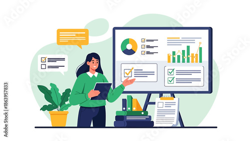 Businesswoman presenting data on a large screen with charts.