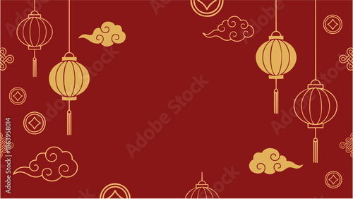 A vibrant red background features traditional gold outline lanterns, auspicious coins, and flowing clouds, creating a minimalist yet festive Chinese New Year design.