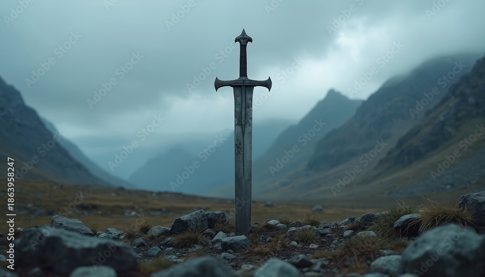 Fototapeta premium Ancient sword planted in rocky ground amid misty mountains. A symbol of viking past. Epic saga scene setup for adventure or historical drama.