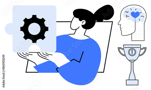 Problem solving concept. Gear puzzle piece s problem solving, connected to brain for mental strategy and learning. Problem solving improves critical thinking. For education, teamwork, innovation