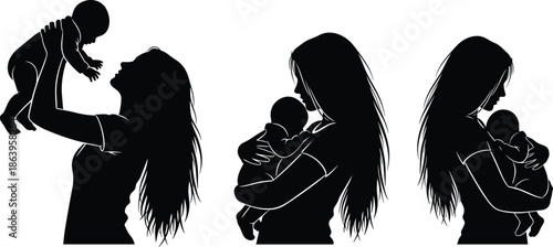 Mother and baby silhouette illustration showing maternal love bonding motherhood parenting moments black white family care vector art tender emotion