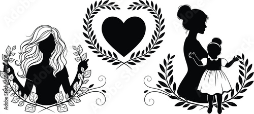 Mother and daughter silhouettes with heart wreath symbolizing love family motherhood floral design vector illustration isolated on white background