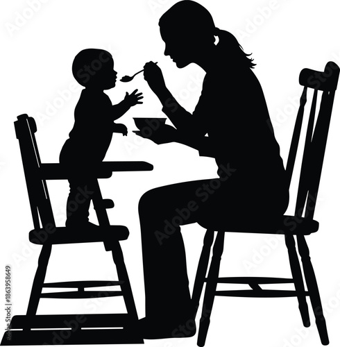 Mother feeding baby silhouette showing nurturing care parenting family love domestic moment vector illustration isolated on white background design