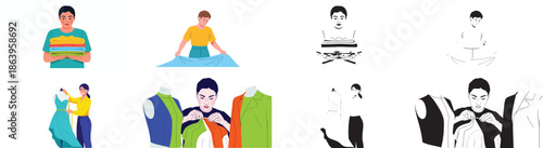 Fashion design process with people working on garments