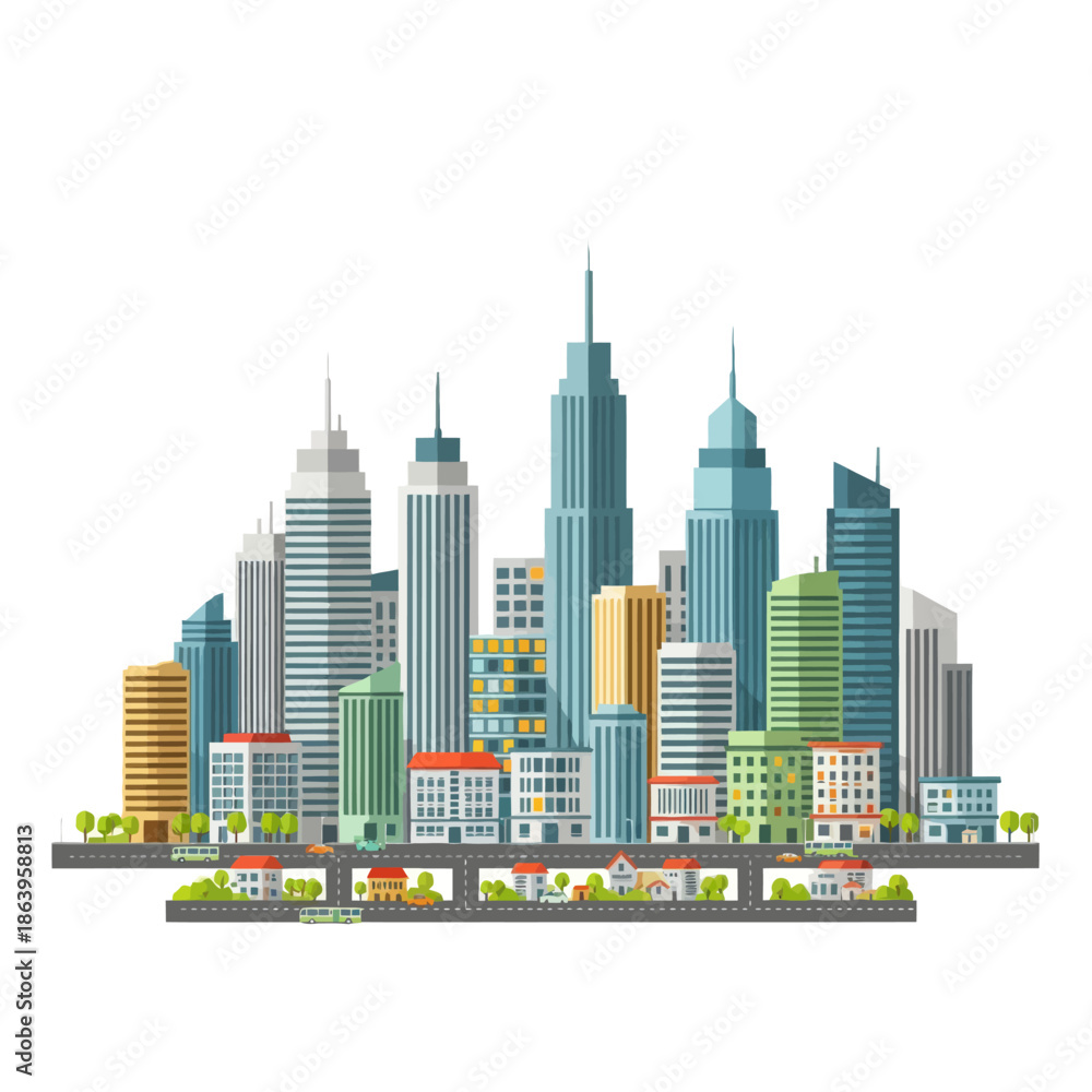 Fototapeta premium Modern Cityscape Illustration with Tall Skyscrapers and Traffic on Highway
