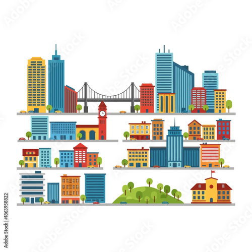 Modern Cityscape with Diverse Buildings, Bridge, and Green Spaces