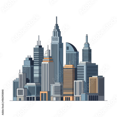 Modern City Skyline with Tall Buildings and Skyscrapers, Urban Architecture Illustration
