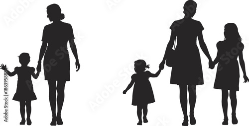 Mother walking with daughters silhouettes showing family love parenting bond childhood protection vector illustration isolated white background design concept art