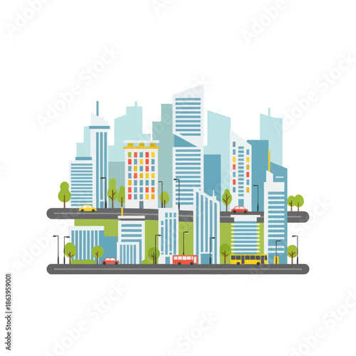 Modern Cityscape Illustration: Tall Buildings, Roads, and Greenery