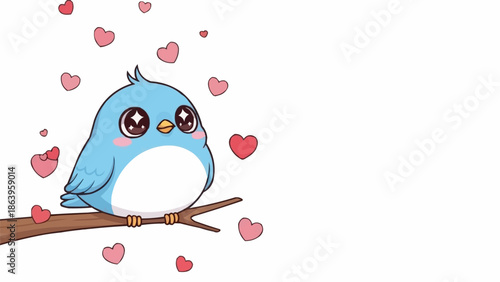 Cute blue cartoon bird sitting on a branch surrounded by hearts.
