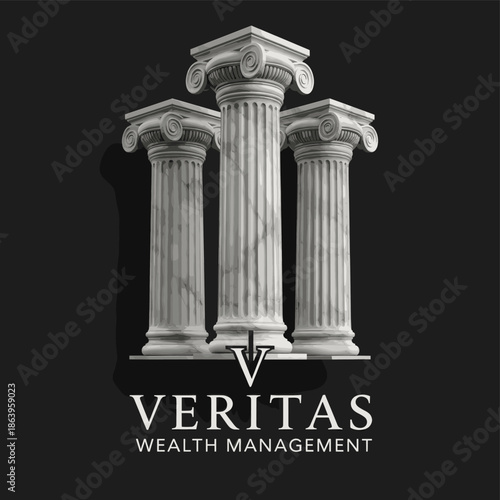 A striking black and white image featuring three classical marble columns, symbolizing strength and stability, with the word 'VERITAS' and 'WEALTH MANAGEMENT' below.