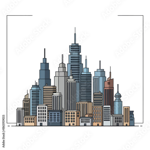 Modern Cityscape Skyline Illustration: Diverse Skyscrapers and Buildings