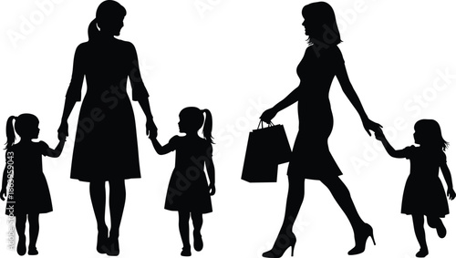 Mothers walking with daughters silhouettes, family lifestyle parenting bond concept, shopping mom and kids illustration isolated white background
