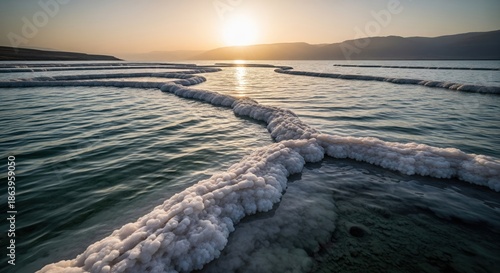 Scenic view of salt formations in water at sunset, with distant mountains and sun's reflection