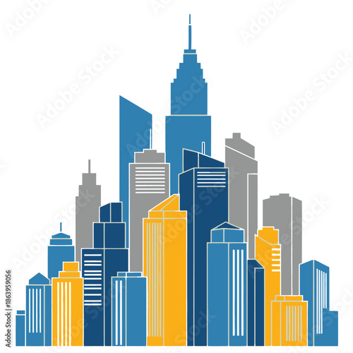 Modern cityscape illustration with colorful skyscrapers in blue, yellow, and gray.