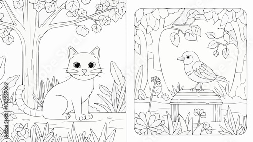 Cute cat sitting in garden with birdhouse and bird illustration.