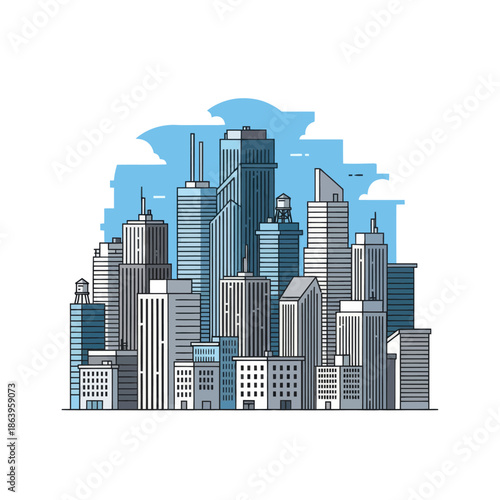 Modern Cityscape Skyline Illustration - Tall Buildings and Blue Sky
