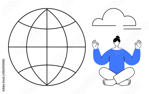 Mindfulness, global communication, personal well-being, digital detox, self-care, relaxation. A person meditates next to a globe and cloud. Mindfulness and global communication