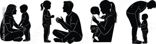 Parents and children silhouettes showing family bonding moments parenting care love relationship vector illustration isolated on white background design set