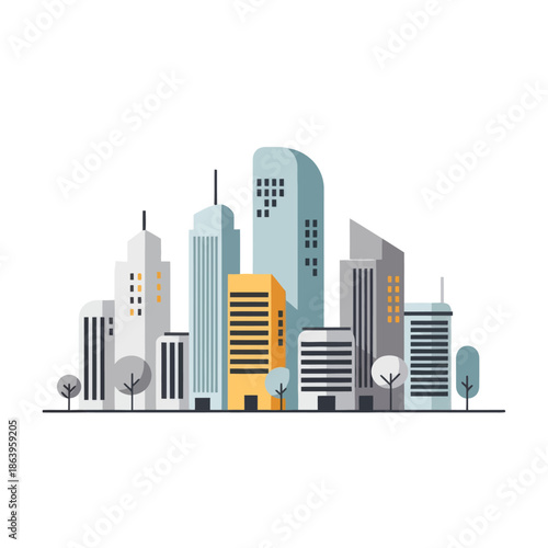 Modern City Skyline Flat Design with Tall Buildings and Trees