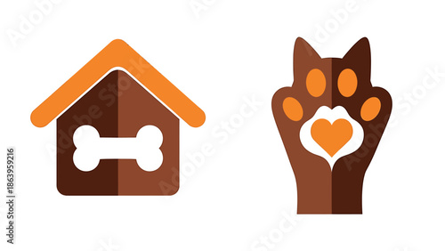 Vector illustration of a dog house and a hand holding a cat's paw with a heart