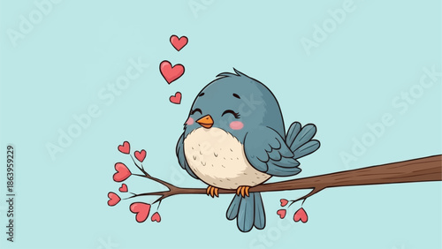 Cute cartoon bird sitting on a branch with hearts.
