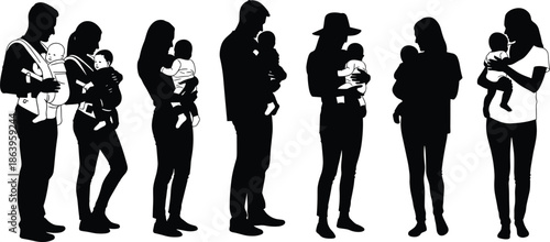 Parents holding babies silhouettes showing motherhood fatherhood parenting care family diversity vector illustration isolated on white background design concept art