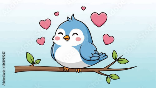 Cute cartoon blue bird sitting on a branch surrounded by hearts.