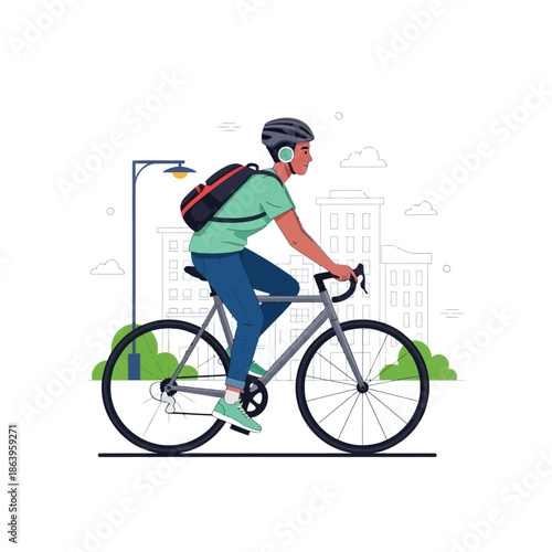 Man cycling to work in city, wearing helmet and backpack, vector illustration