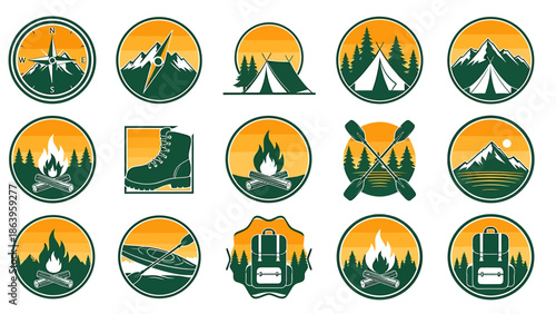 Collection of camping icons in circular frames showcasing outdoor activities