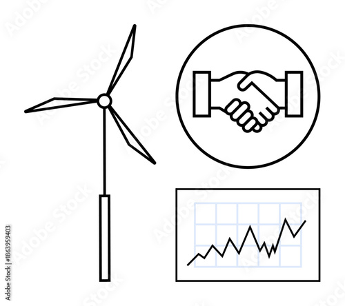 Renewable energy concept. Renewable energy illustrated with a wind turbine, handshake collaboration, and growth chart signaling sustainability. For green economy, partnerships, innovation