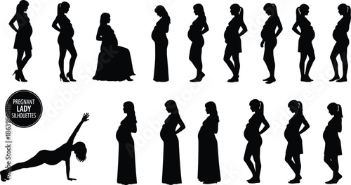 Pregnant woman silhouettes set maternity poses expecting mother pregnancy stages isolated on white background minimal vector illustration collection design bundle