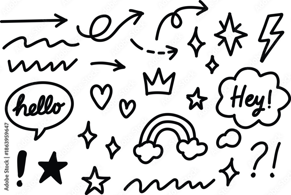 Fototapeta premium Collection hand drawn doodle elements. Set simple arrows, hearts, stars, rainbow and speech bubbles isolated on white background.​