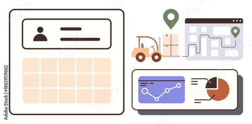 Supply chain, logistics, delivery tracking, warehouse operations, data visualization, inventory management. Includes map with location, forklift calendar and graphs. Logistics and delivery tracking