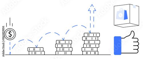 Financial growth concept. Stacked coins investment growth, while a shopping bag and thumbs-up highlight e-commerce success. Ideal for business, e-commerce, marketing strategies, investments